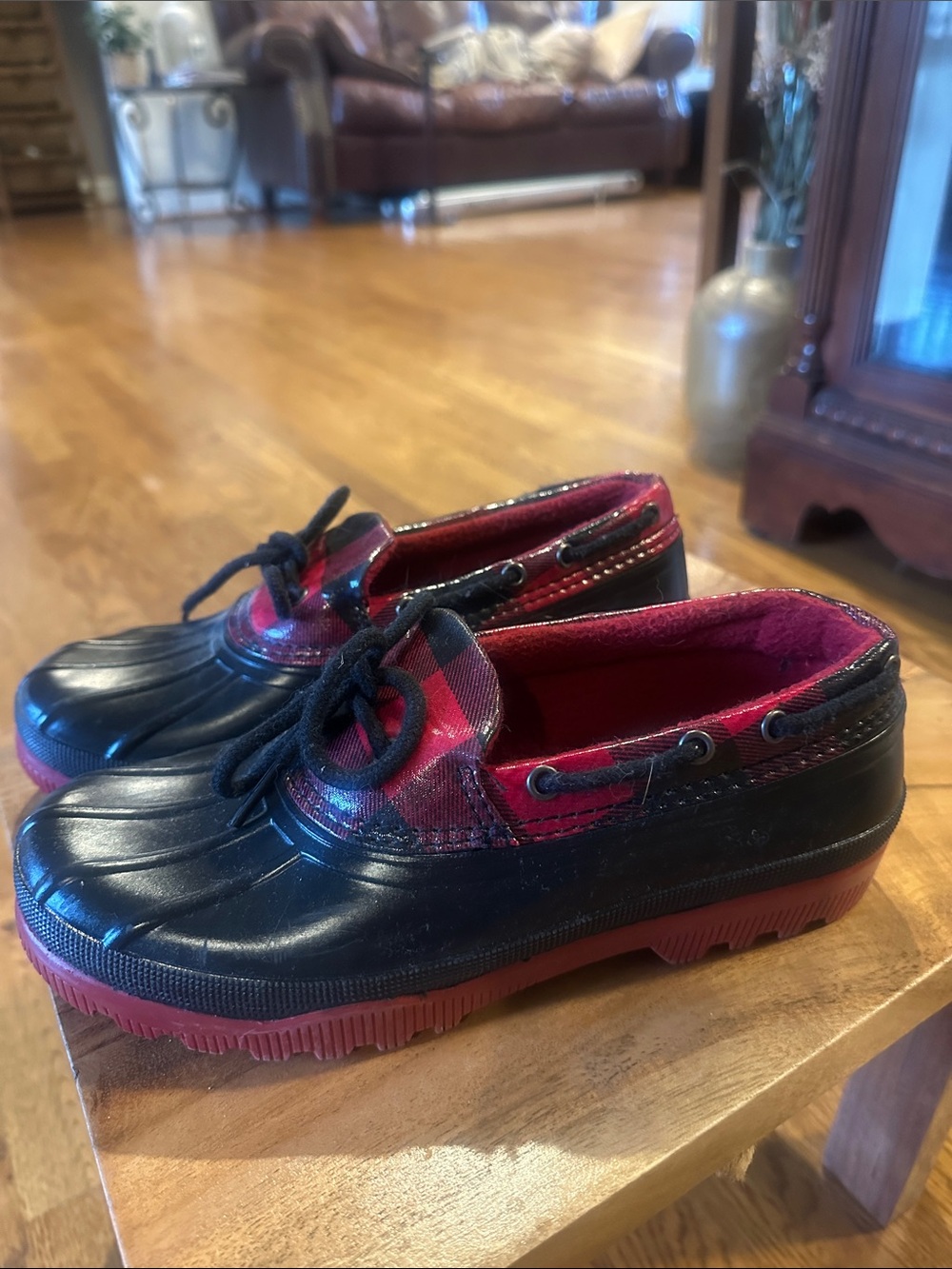 Duck Boot style Black and Red Plaid Rain Loafers